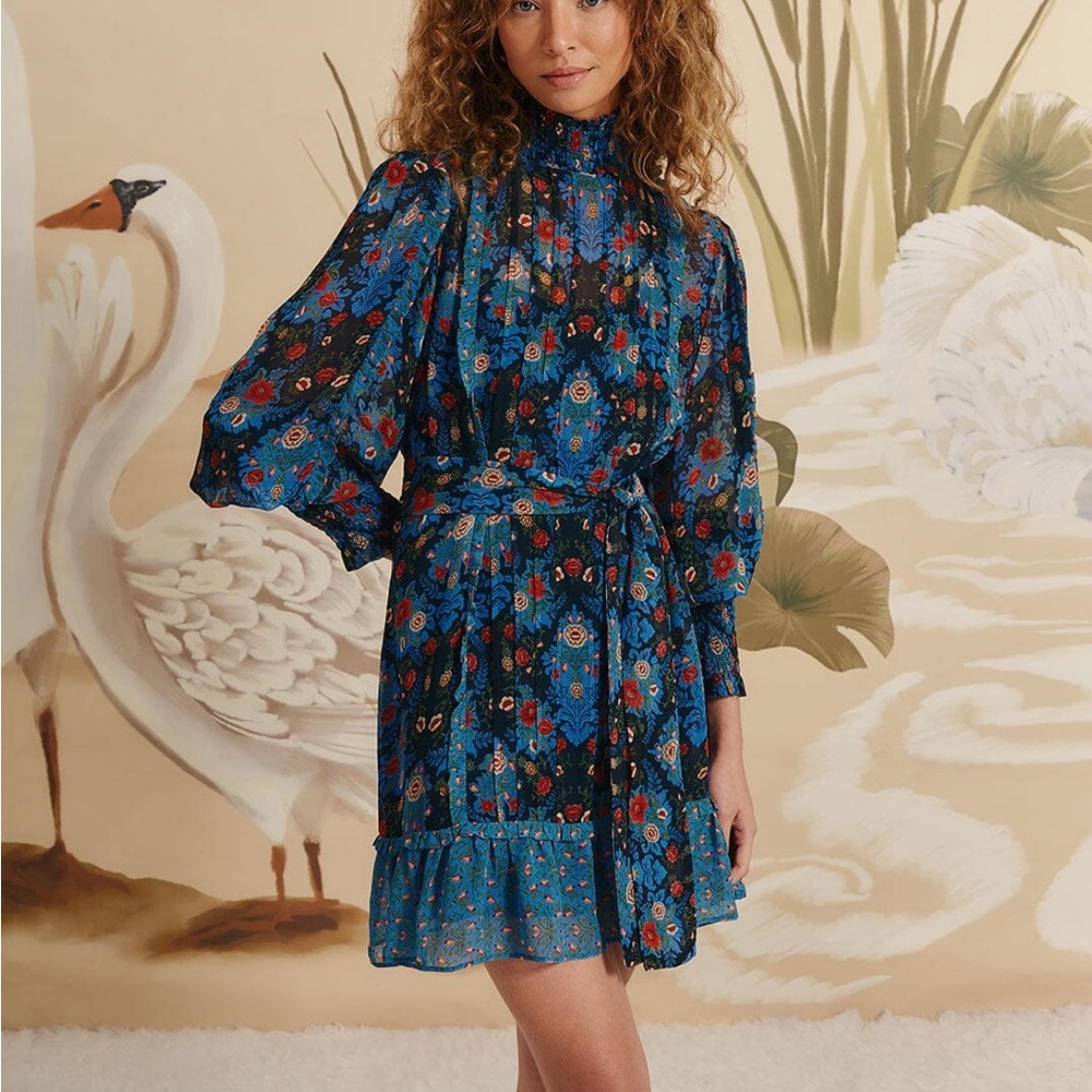 Farm Rio Blue Arabesque Floral High Neck Mini Dress